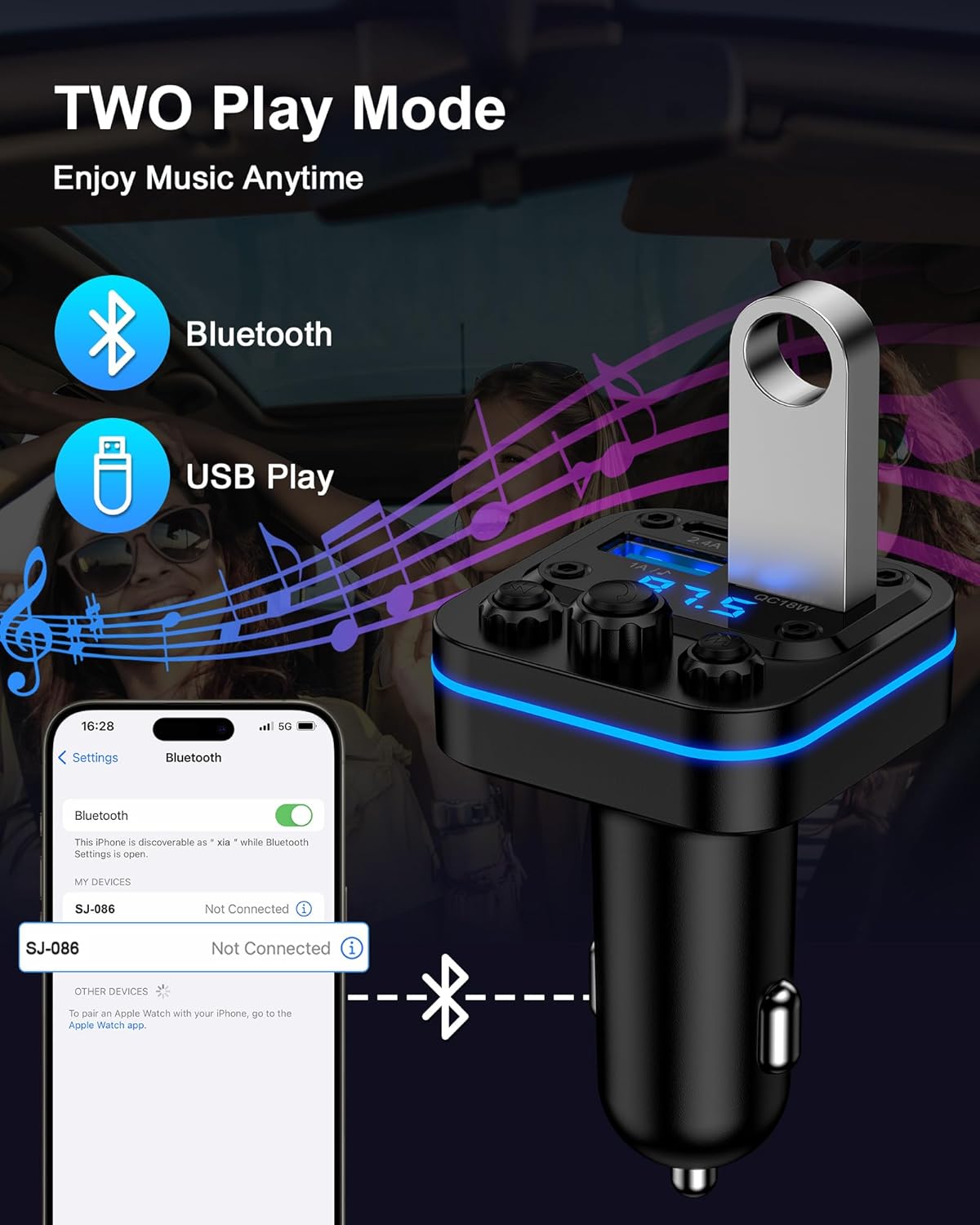 AILKIN 54w 5.4 Bluetooth Fm Transmitter for Car, Fast Charging, Blue Tooth Car Charger USB-C USB-A Multi Ports