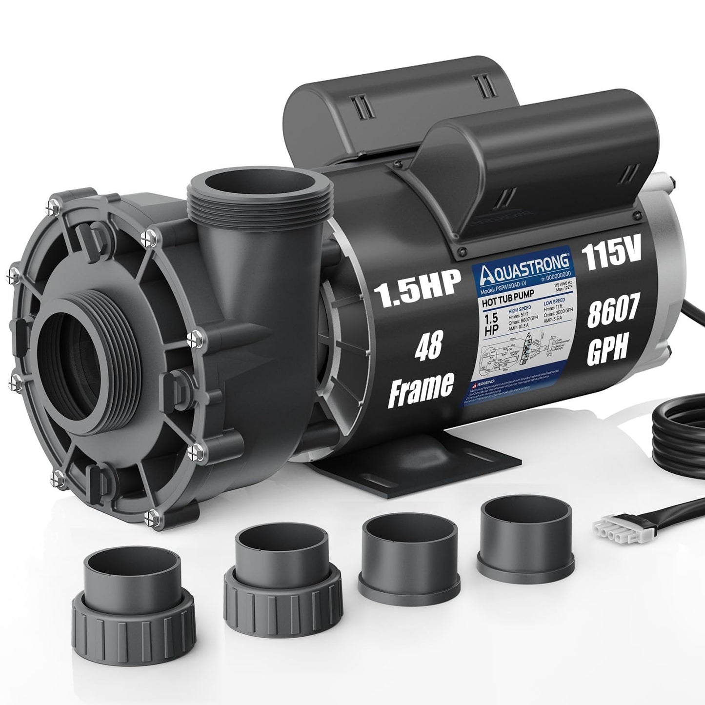 Aquastrong SPA Pump, Dual Speed Hot Tub Pump, Pure Copper Motor, Low Noise, Easy Installation with 1.5" & 2" Adapters, 90° Rotating Inlet & Outlet, Compatible with Hot Tubs & Spa Systems, Light Black