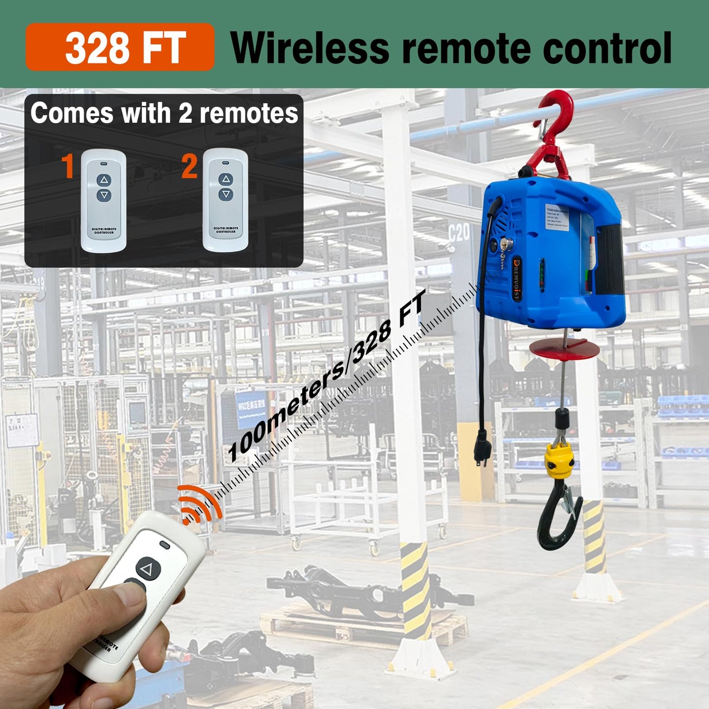 Dremvoist 3 in 1 Electric Hoist Winch,1100LB 1500W Portable Power Winch Crane,110V/120V Electric Winch Crane with Manual Wire Wireless Remote Control,26FT Lifting Height,for Towing,Warehouse,Factories