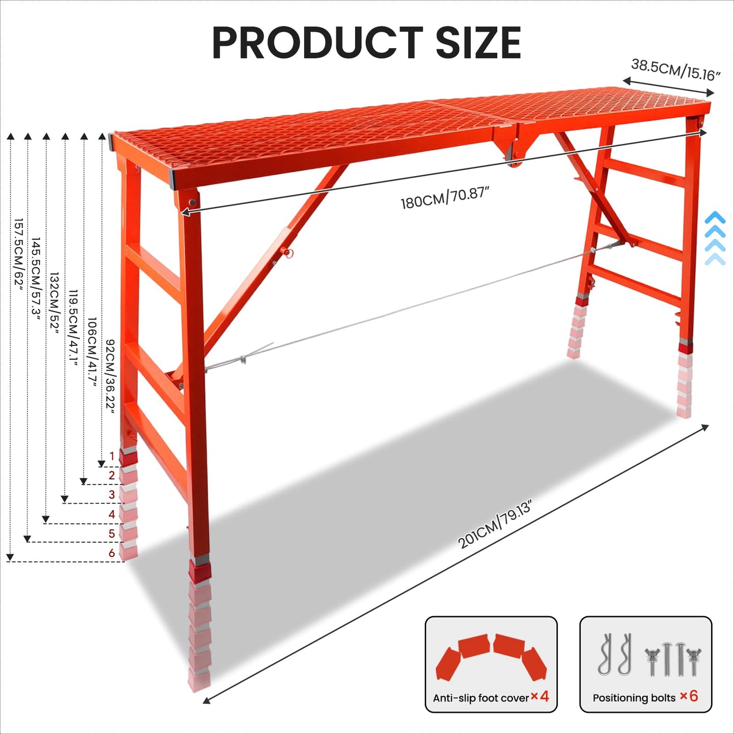 Foldable Scaffolding Platform, 70.8x15.2x36.2-62 Inch Portable Work Platform, 770 Lbs Capacity, Adjustable Height Industrial Step Ladders, Ideal for Painting, Wiring and Home Decor, Red