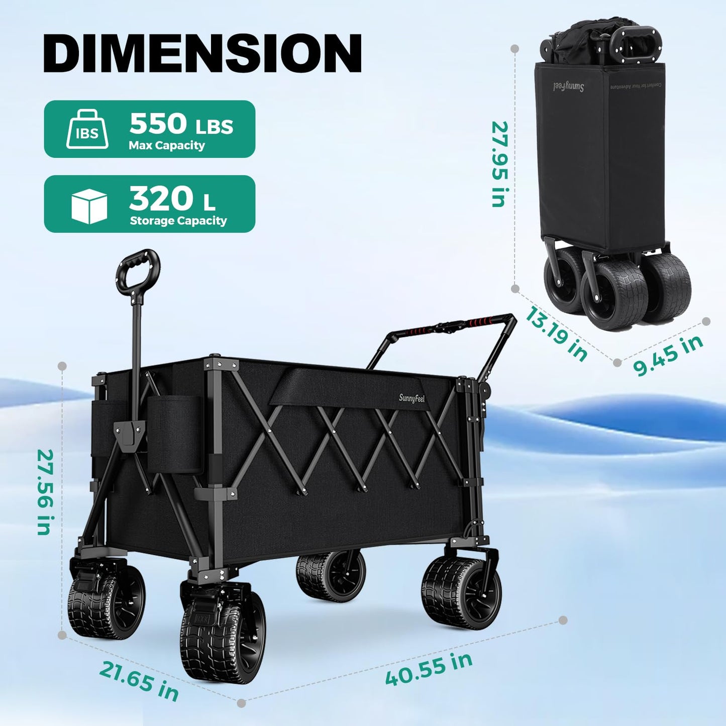 SUNNYFEEL 550LBS Collapsible Wagon Cart - Heavy Duty Push Pull Foldable Wagon with Dual Handles and Big Wheel,Utility Cart with Rear Tailgate for Camping, Fishing, Gardening, Shopping, Black