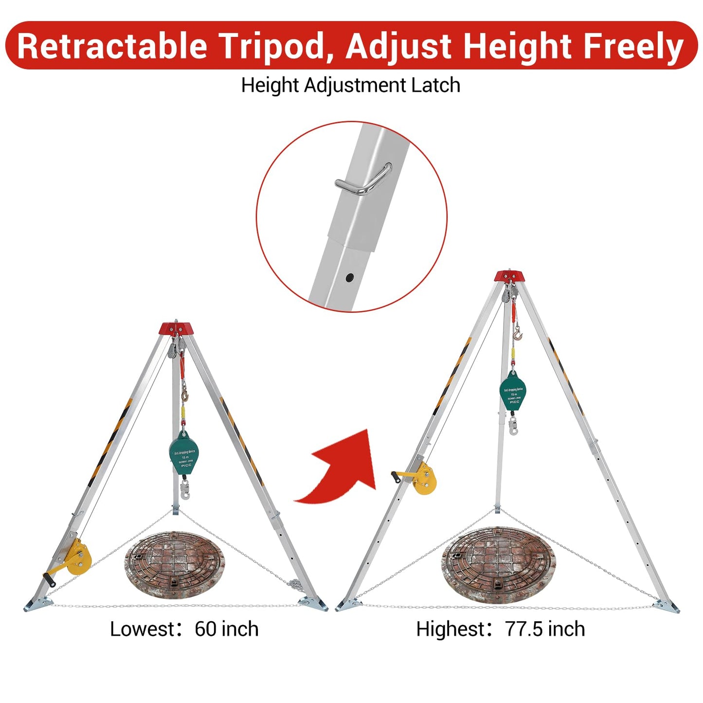 Confined Space Tripod Kit with 1200 lbs Winch, Adjustable Legs & Safety Self-Locking Device, 49.2 ft Cable, Transit Level Kit with Tripod, Deer Tripod Hoist for Sewer, Well & Rescue Use