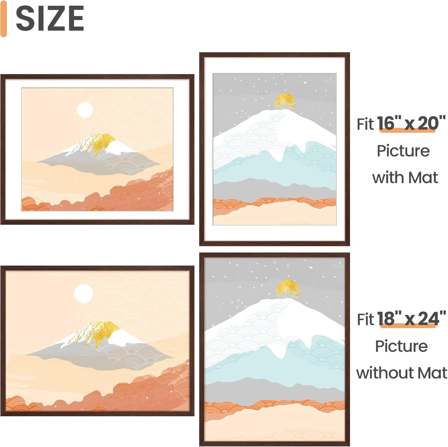 Upsimples 18x24 Picture Frame - Versatile Display for 16x20 Photos with Mat or 18x24 Without - Brown, 1 Pack