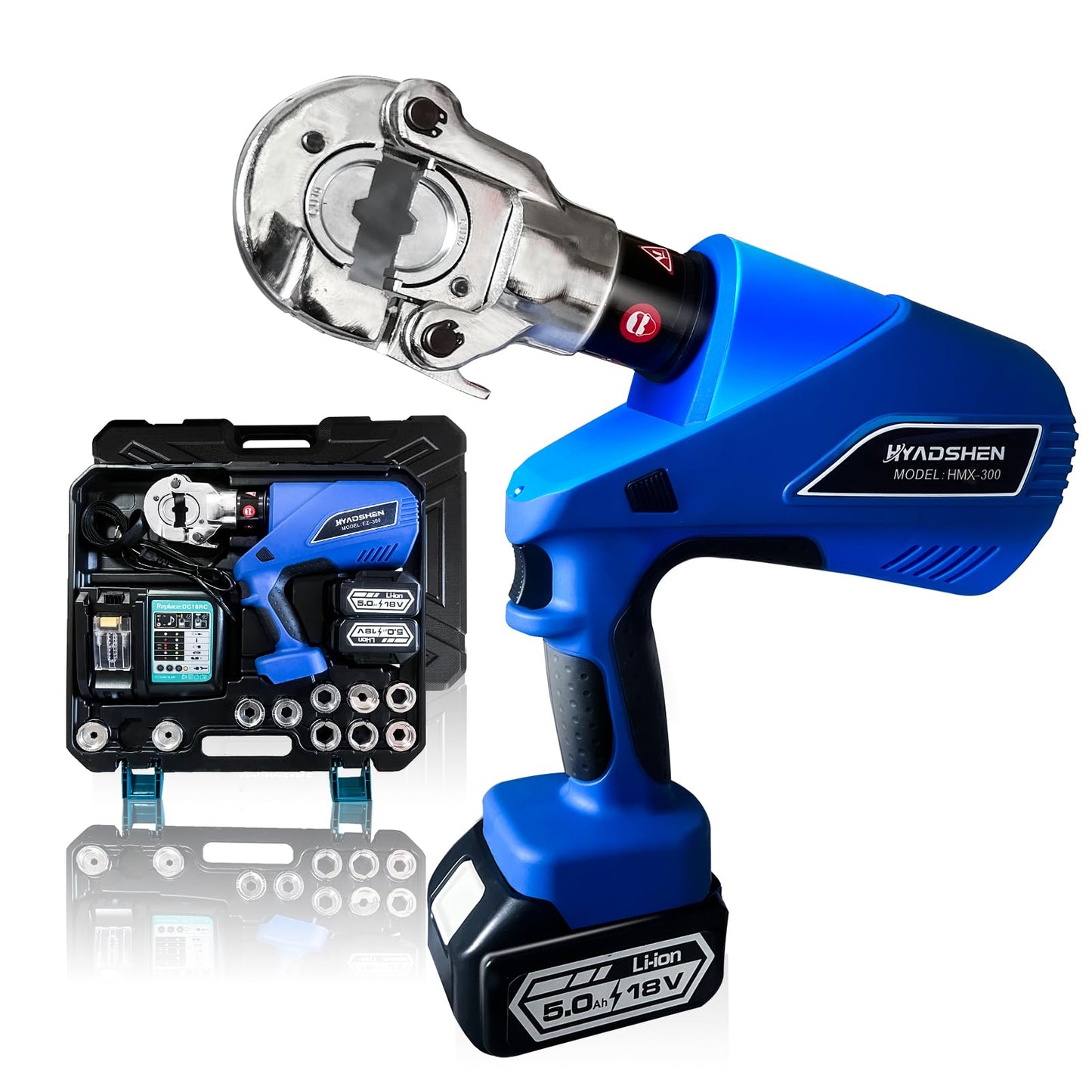 HYADSHEN Electric Hydraulic Cable Lug Crimper Pliers Rechargeable Crimping Tool 6 Ton Electrical Terminal Cable Wire Fiber Crimper Kit with 11 Dies (HMX-300)