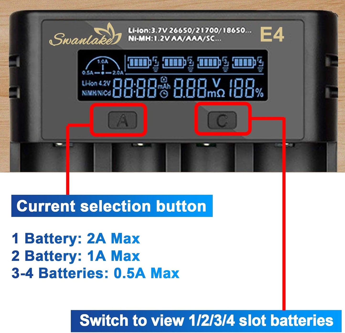 Swanlake 18650 4 3.7v 18650 26650 21700 18500 10400 Battery Charger, Bay Rechargeable Battery Charger with LCD Display