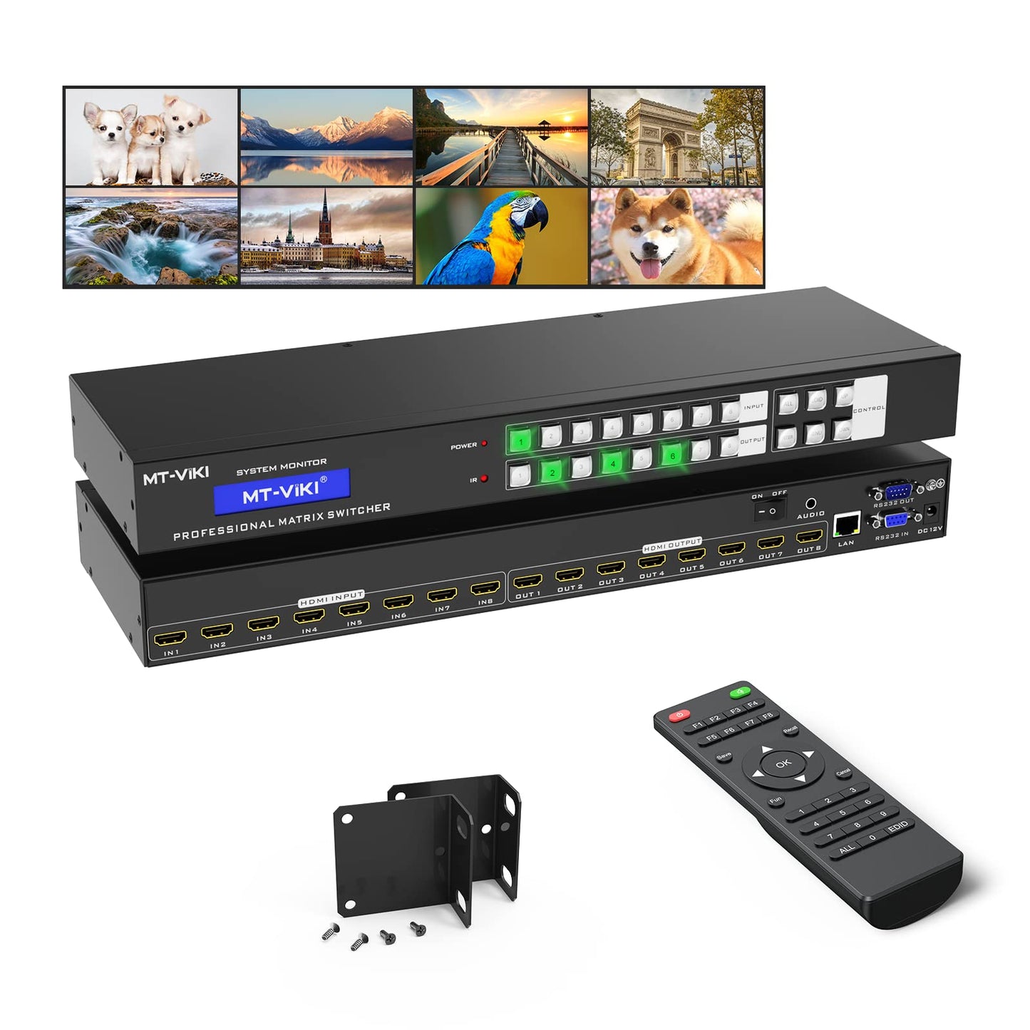 MT-VIKI 4K HDMI Matrix Switch 8X8 w/Web GUI & Audio Extraction w/Remote, 4K@30Hz, Rack Mount Switcher & Splitter, EDID, RS232, LAN Port, APP, Fit 1U 19'' Rack for Conference Room, Church, Bar