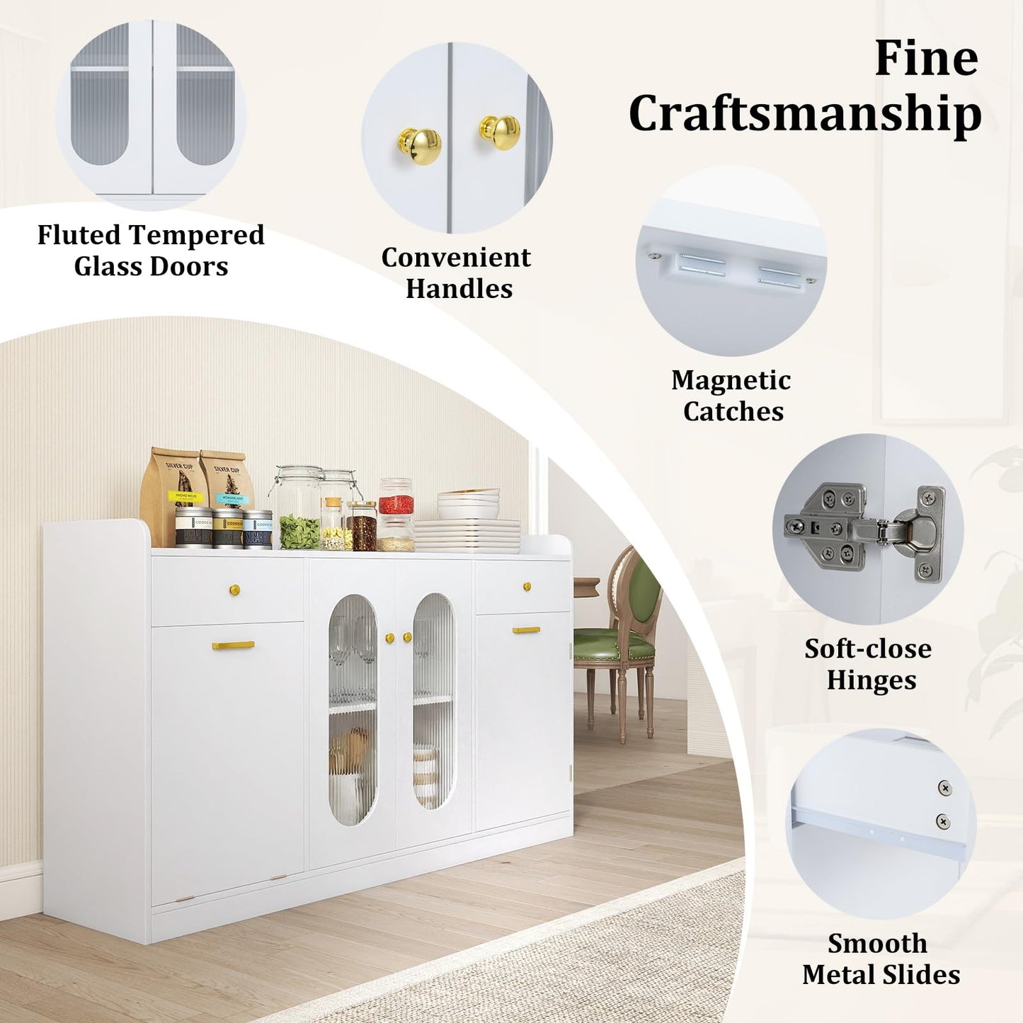 Giantex 55" Farmhouse Buffet Cabinet, Large Credenza w/Hidden Tilt Out Trash Can, 2 Glass Doors, 2 Drawers & Adjustable Shelves, Modern Sideboard Coffee Bar Cabinet for Kitchen, Dining Room (White)