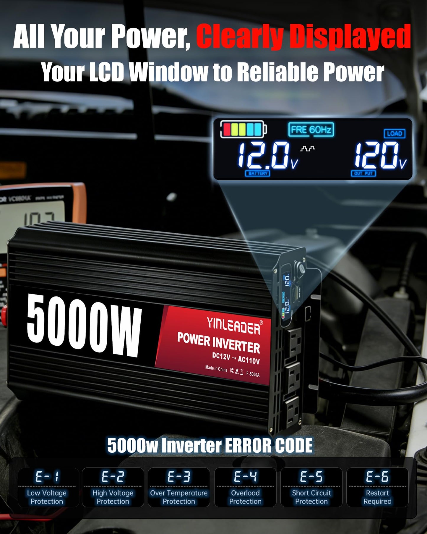 4000 Watt Power Inverter 12v to 110V/120V Converter Peak Power 8000W with 3 AC Outlets,1 USB Port, Remote Controller & LCD Screen DC to AC Inverter for RV Camping Off-Grid Solar Inverter Systems
