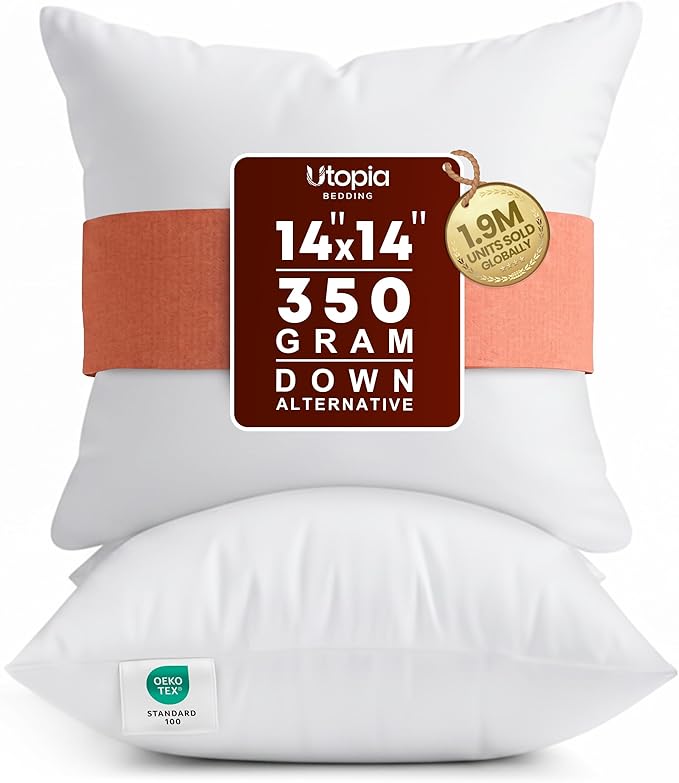 Utopia Bedding 14x14 Pillow Inserts, Set of 2, White – Indoor Decorative Throw Pillows for Bed, Sofa & Couch – Soft, Supportive & Fluffy Cushion Inserts