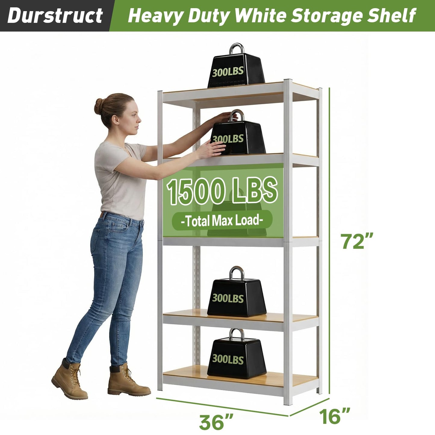 Durstruct 5 Tier 36" W×16" D×72" H White Shelving Unit Adjustable Metal Storage Utility Rack Heavy Duty Shelves Organization Multipurpose Shelf Kitchen Garage Pantry Closet Bathroom