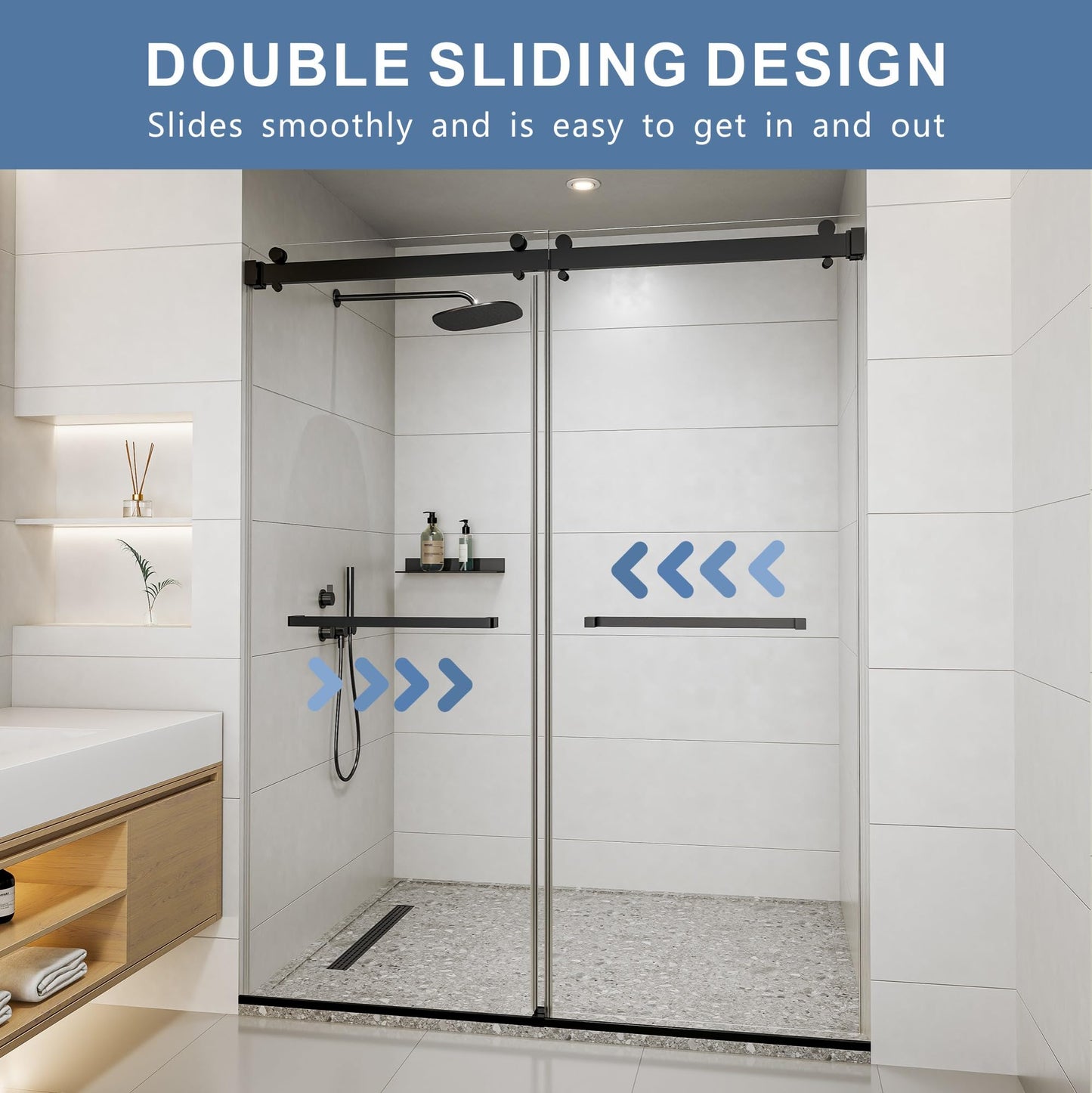 56-60" W x 72" H Frameless Shower Door, Double Sliding Glass Shower Door with 5/16" (8mm) Clear SGCC Tempered, Roller Disc System, 304 Stainless Steel (Matte Black, 56-60" W*72" H)