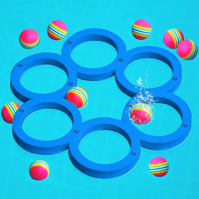 Hiboom Pool Game with Score, Combo Foam Pool Floats with 10 Colorful Tossing Balls, Toss Game Swimming Party Toys Accessories for Family Par, Dive Rings (Round,Blue)