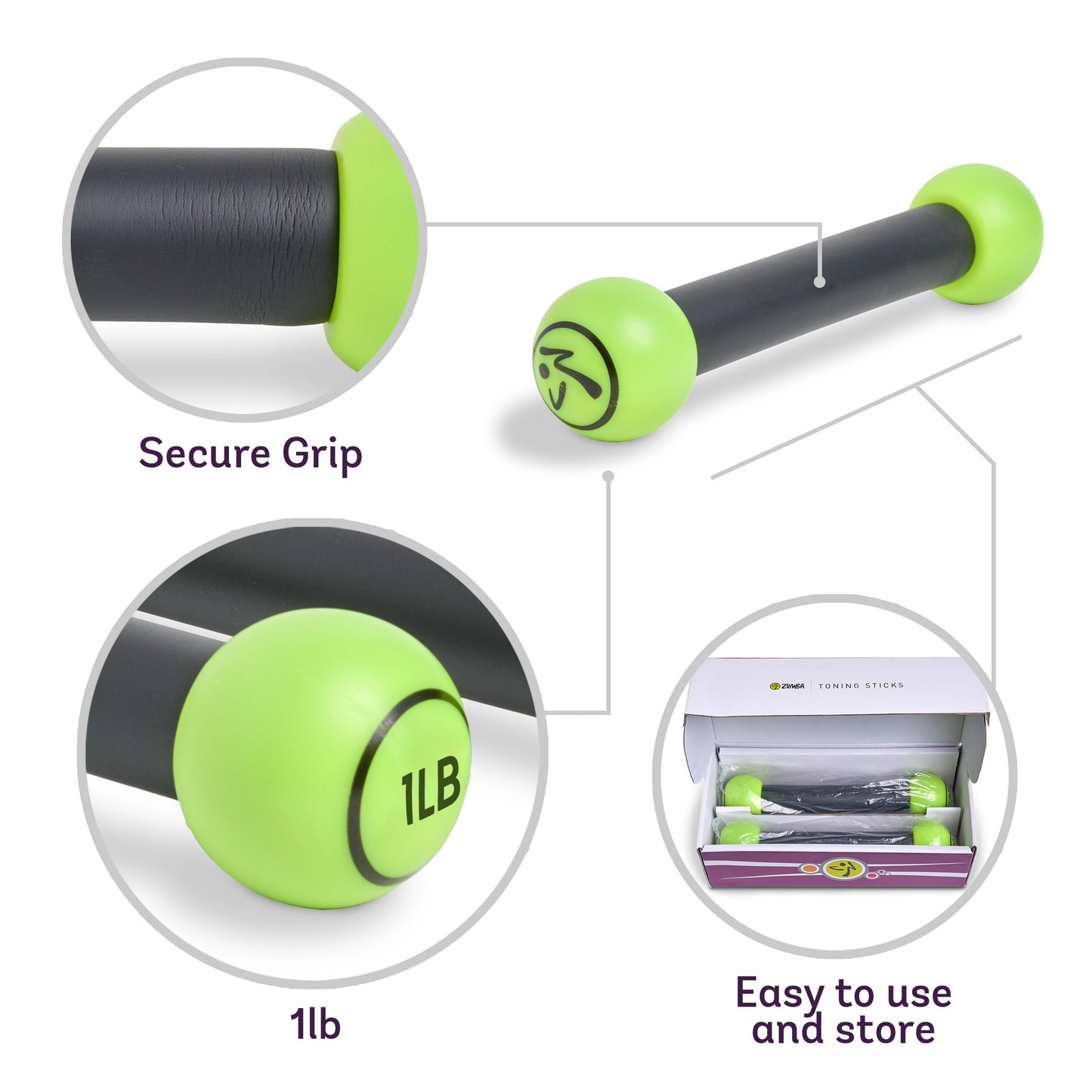 Zumba Toning Sticks 1 lb Weights Set of 2, 1 Pound Hand Weights for Women, Dumbbell Weight Set, Durable and Light 1 Pound Weights Set of 2