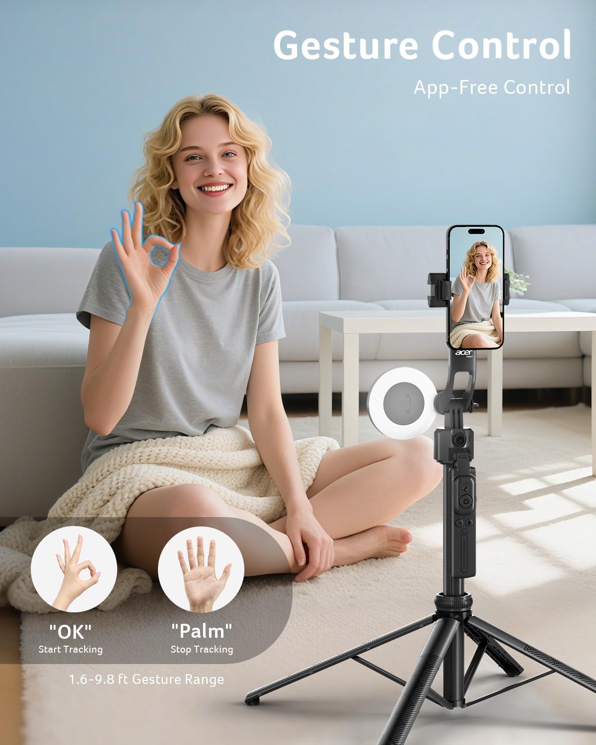 Acer 64", 360Rotating Gadget Auto Face Tracking Tripod for iPhone/Cell Phone/Android/Camera with Light and Remote, No