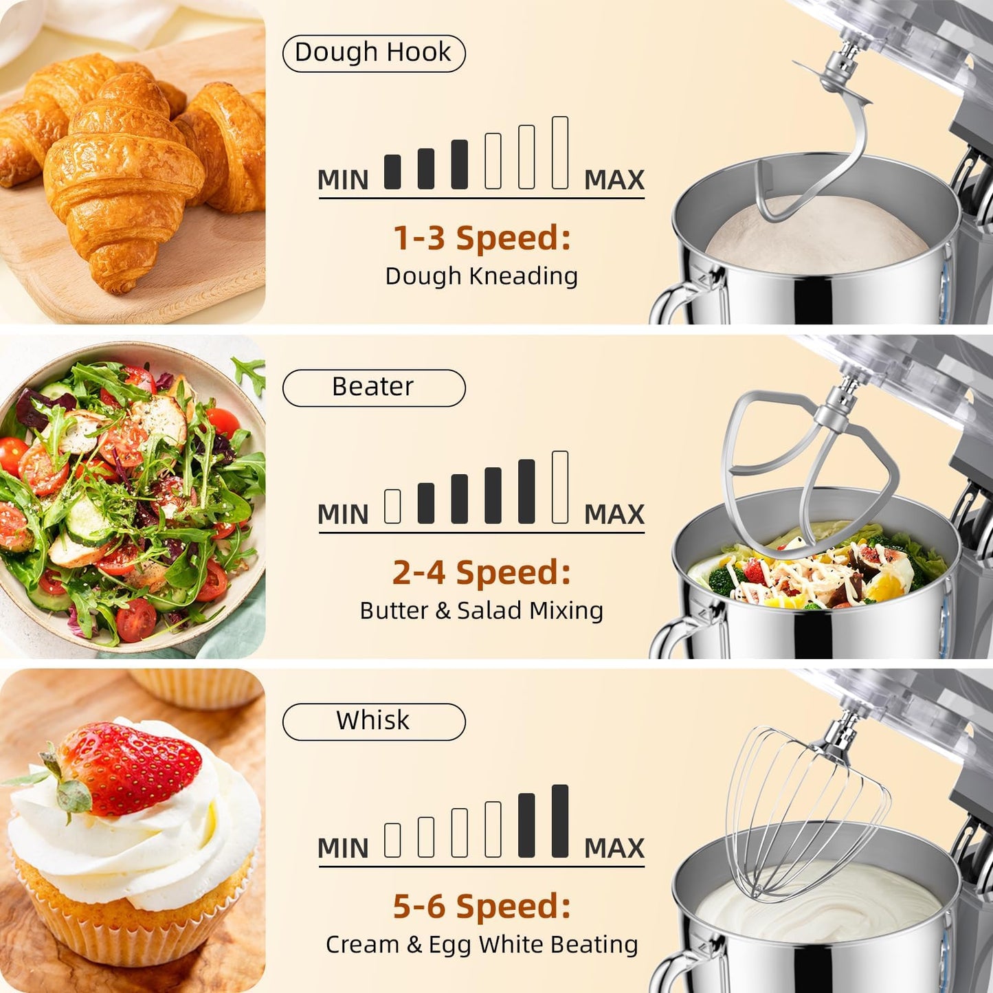 Babroun Dough Mixer 8.45 QT Electric Mixer - 660W 6 Speed Large Capacity Kitchen Stand Mixer with Whisk Dough Hook Mixing Beater Household Food Mixer for Baking Cakes Cookie Bread Salad(Silver)