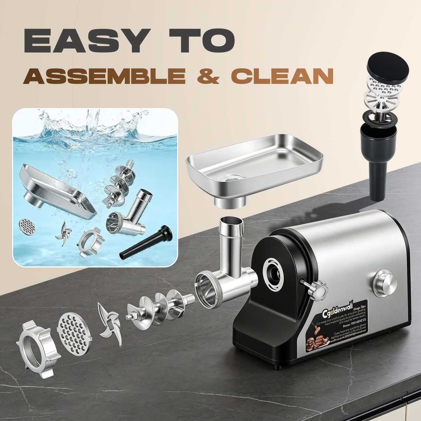 CGOLDENWALL Electric Meat Grinder & Sausage Stuffer, 480lbs/H Heavy Duty Meat Mincer with Speed Settings, 2 Stainless Steel Blades, 3 Grinding Plates, #10 Ideal for Deer Processing, Pet Food Grinding