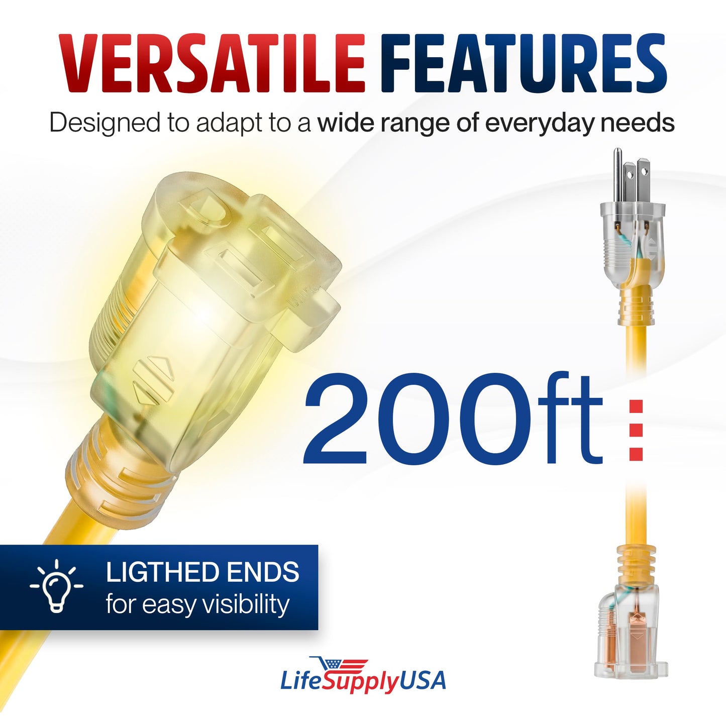 200ft Outdoor/Indoor Extension Cord 12/3 Gauge Extra Heavy Duty 3 Prong SJTW, Waterproof, Flexible Cold-Resistant Long Power Cord,8A 125V 1000W, Yellow by LifeSupplyUSA