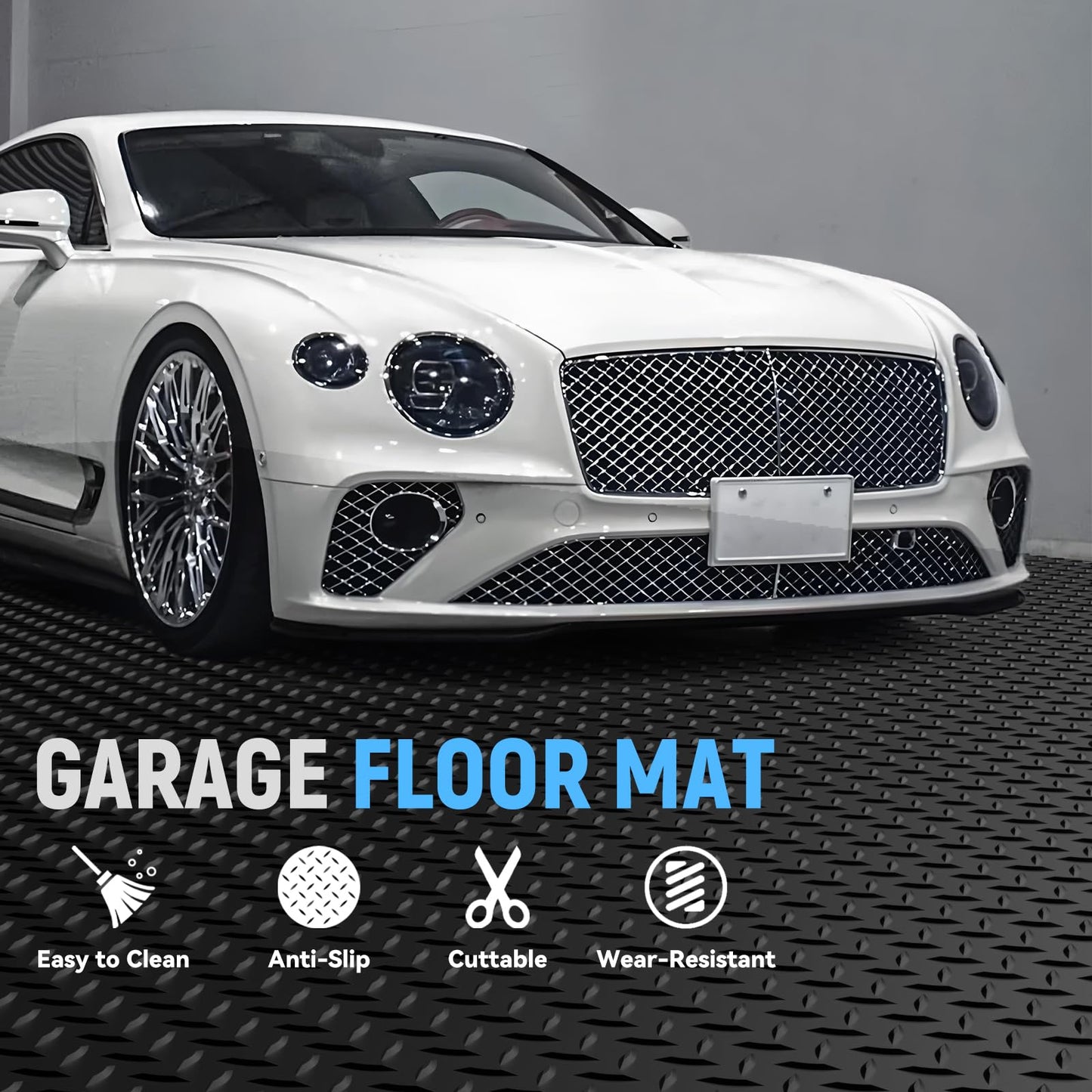 NarwooAuto 8x25 FT Garage Floor Mat, 2.8mm Thickened PVC Flooring Roll for Under Car, 200 SQFT Diamond Plate Black Garage Mats for Garage, Warehouse, Basement, Gyms, Trailer（Included Tapes）