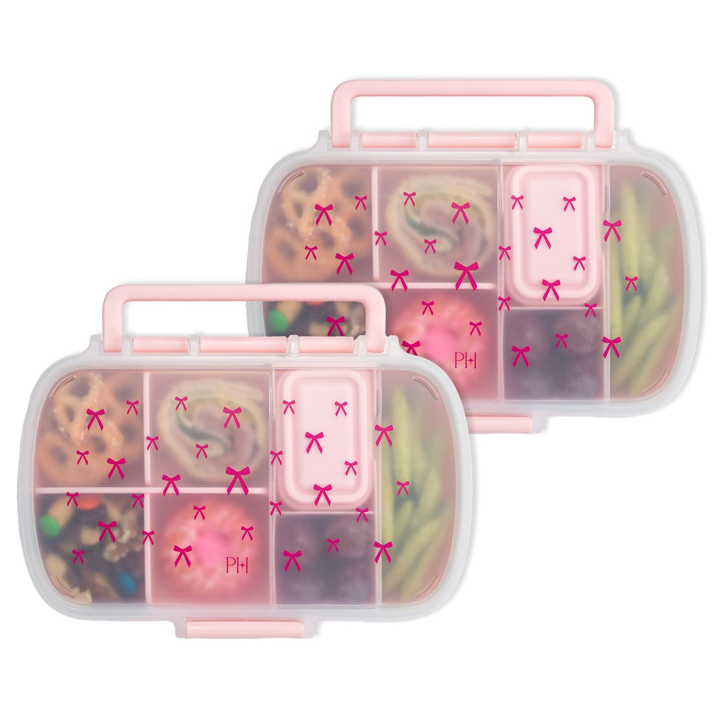 Paris Hilton 2-Pack Bento Style Snack Boxes, 7-Compartment Lunch Containers with Built-In Phone Stand, Removable Dividers and Dip Containers, Pink Bow Print