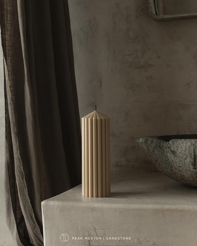 LAWA Ribbed Peak Pillar Candle - Large Beautiful Handmade Pillar Scented Soy Wax Candle Elegant Bubble Aesthetic Candle Housewarming Gift Home Room Shelf Decor Idea (Medium, Sandstone)