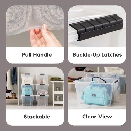 IRIS USA Stackable Plastic Storage Bins - 54 Qt, BPA-Free, Durable Nestable Containers, 6 Pack - Clear