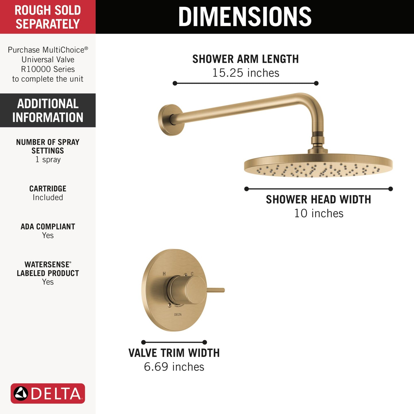 Delta Modern 14 Series Round Rain Shower Faucet Set, Brushed Gold Shower Head and Handle Set, Valve Trim Kit, Champagne Bronze T14269-CZ-PP (Valve Not Included)