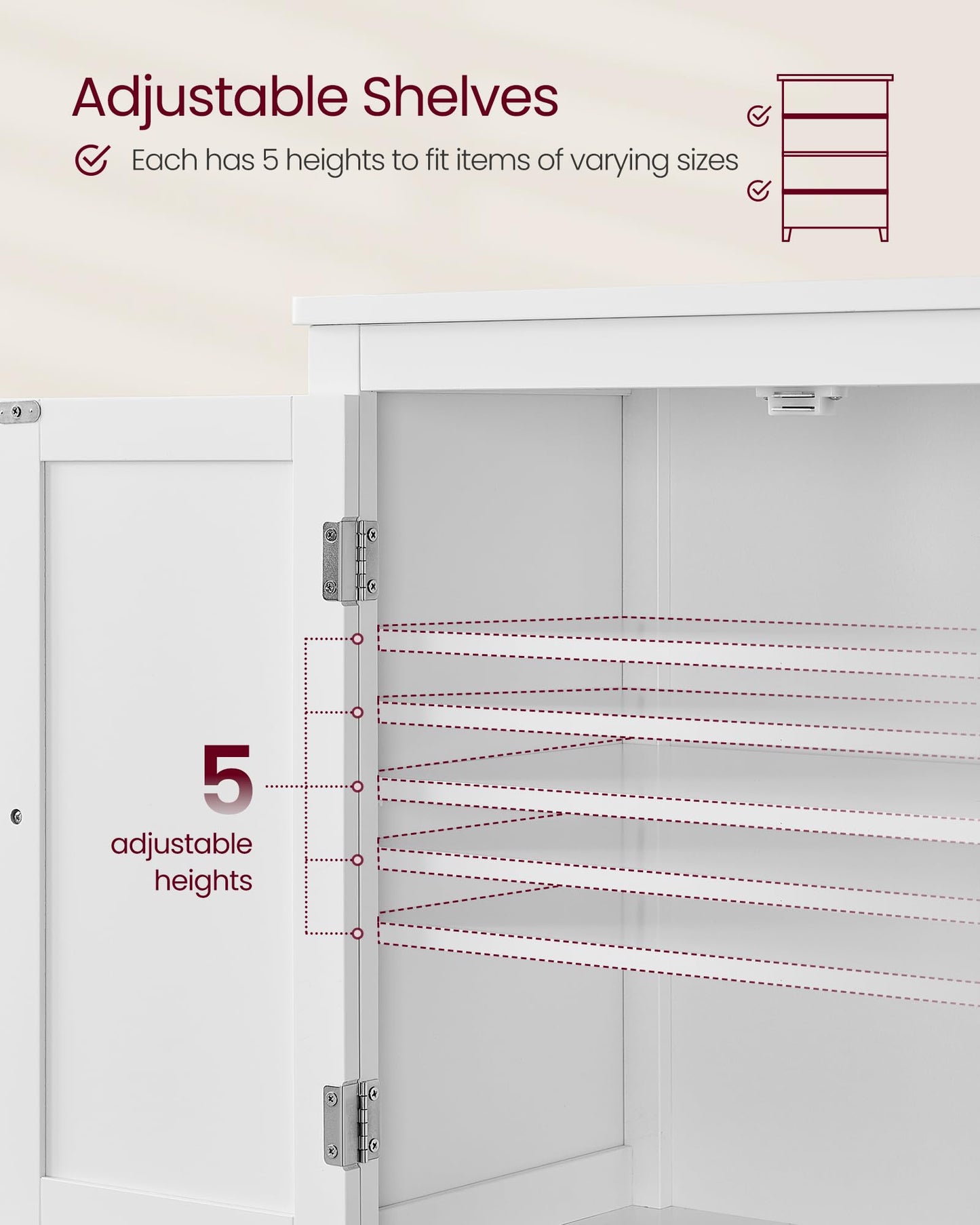 VASAGLE Floor Storage Cabinet, Freestanding Storage Unit with 4 Doors, Adjustable Shelves, 11.8 x 23.6 x 43.3 Inches, for Entryway, Bathroom, White UBBC552P31
