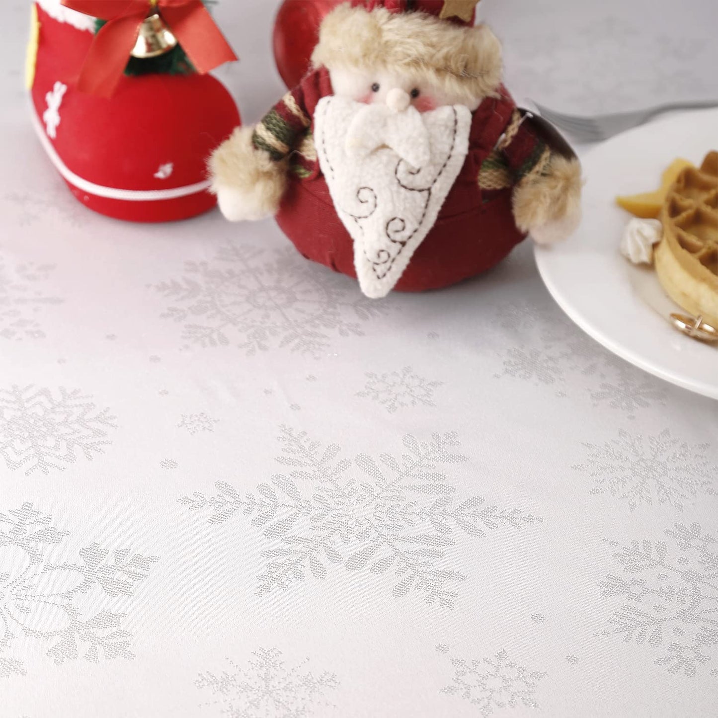 MikiUp Jacquard Rectangle Christmas Tablecloth - Xmas Snowflakes Glitz Metallic Fabric Table Cloth, Waterproof and Washable Holiday Decorative Table Cover for Party, White/Sliver 60 x 144 Inch