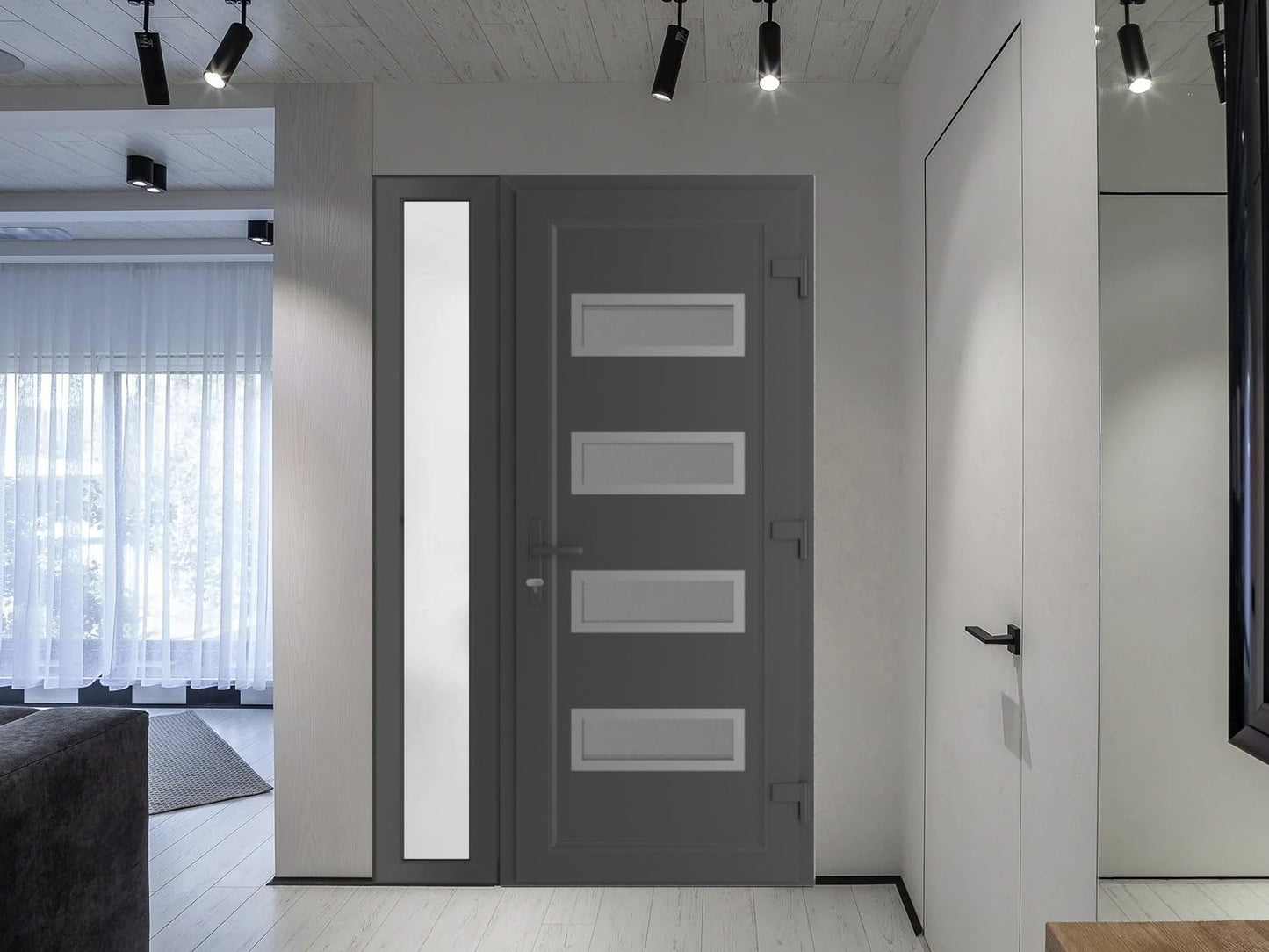 VDOMDOORS Front Exterior Prehung Metal-Plastic Door Frosted Glass | Manux 8113 Antracite Grey | Side Sidelite Transom | Residential Doors Entrance Patio Garage 44 x 80 (W32+12 x H80) Left-Inswing