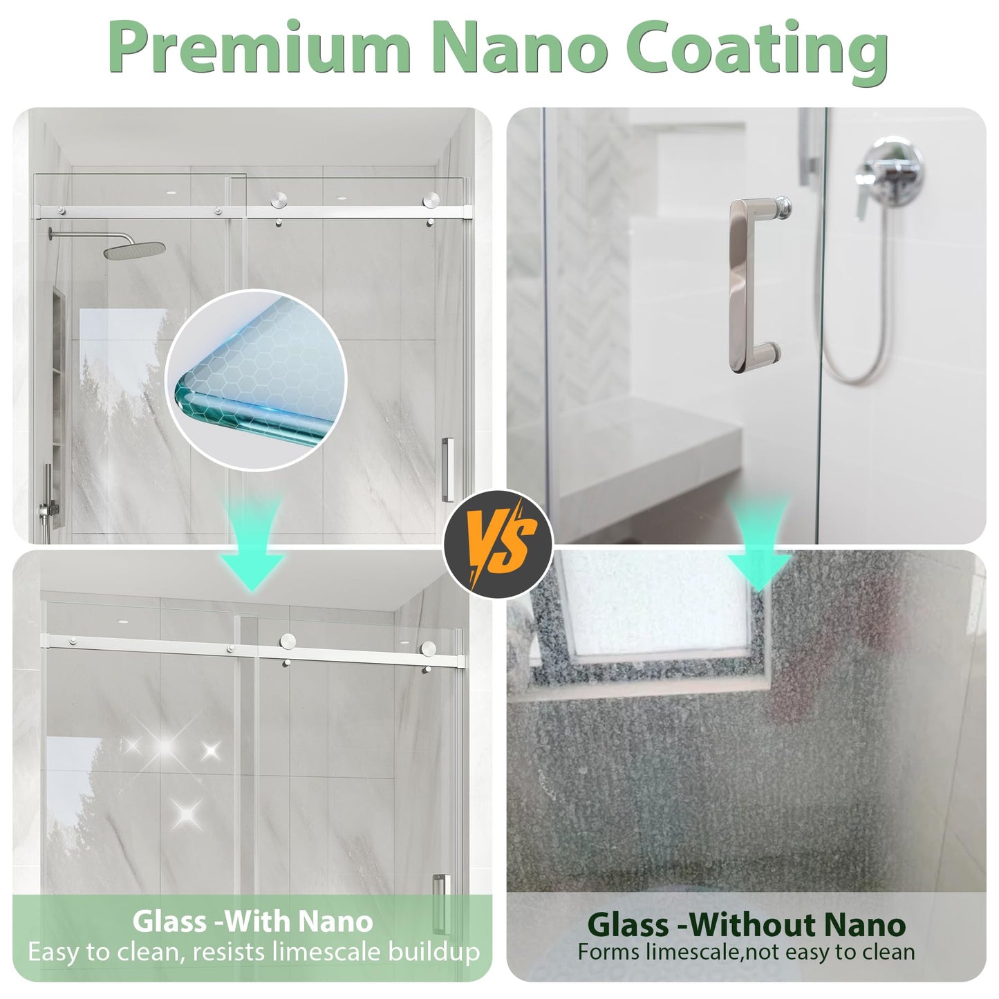 KPUY Frameless Shower Door, 55-60" W x 76" H Sliding Glass Shower Door, 1/4" (6mm) Thick Tempered Clear Glass with Explosion-Proof Film Nano Coating, Brushed Nickle