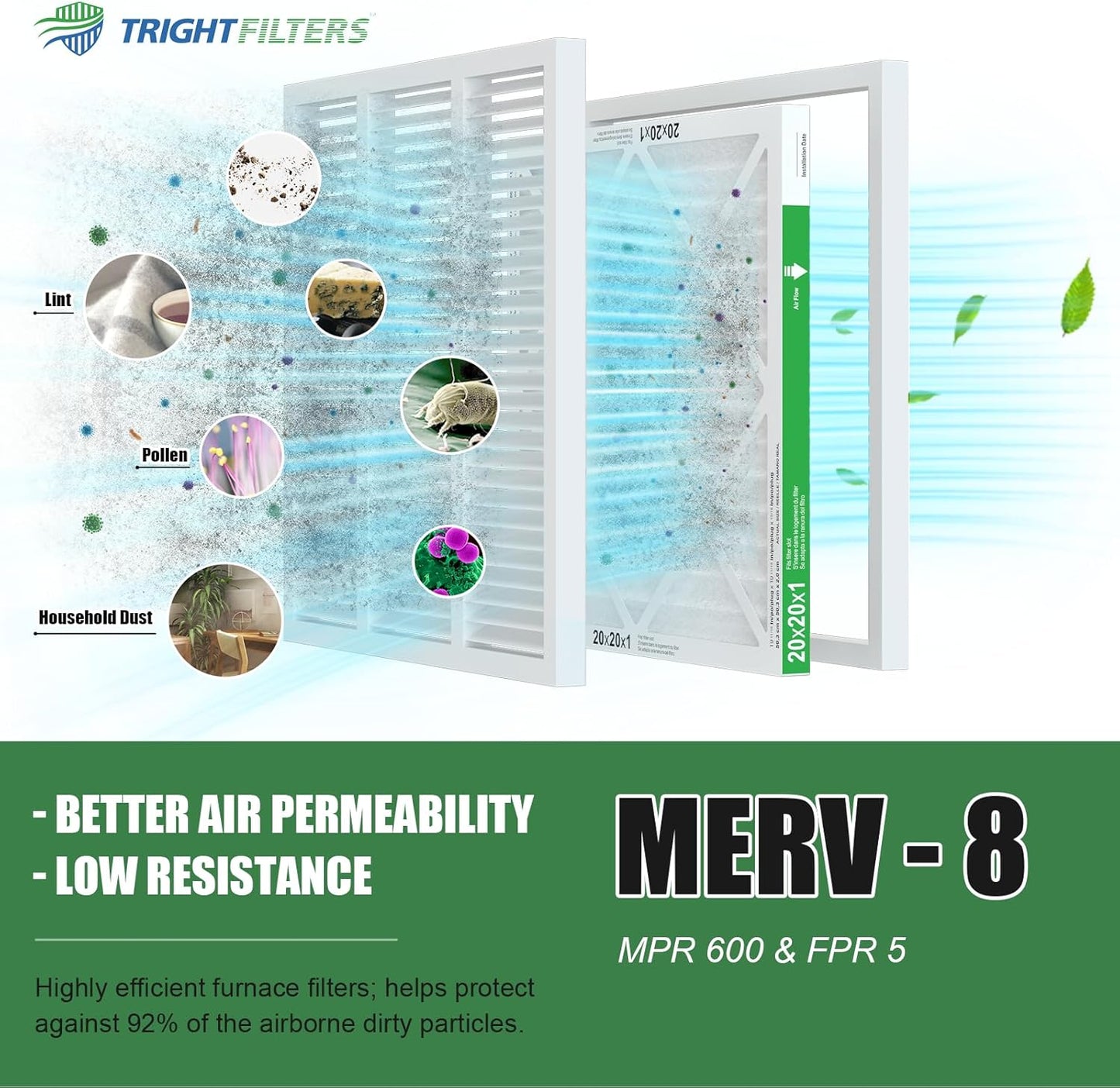TRIGHTFILTERS 20x20x1 Air Filter - MERV 8 Pleated Dust Defense | 4-Pack Replacement for HVAC Systems