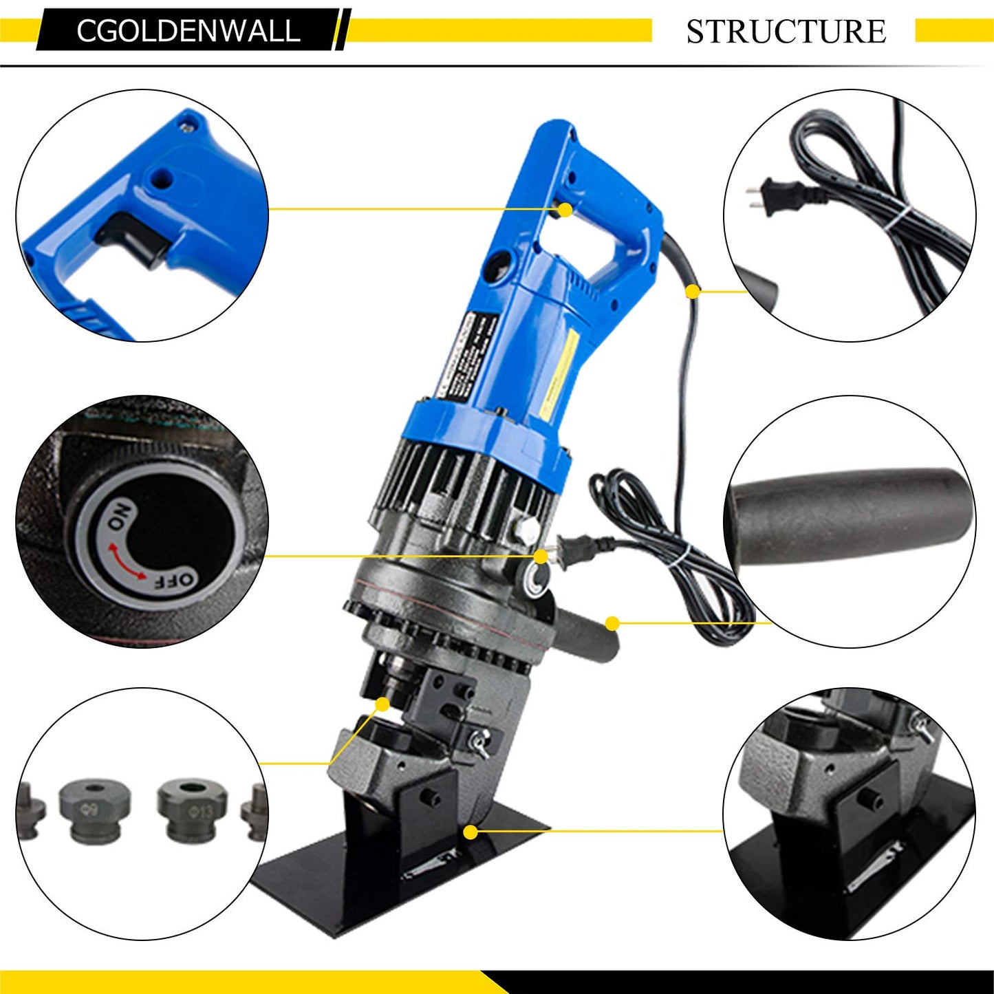 CGOLDENWALL 1300W Hydraulic Hole Punch Electric Hydraulic Hole Punching Tool Hole Digger for Steel Plate Iron Plate Aluminum Plate CE&ROHS Certificate with Pedal 110V