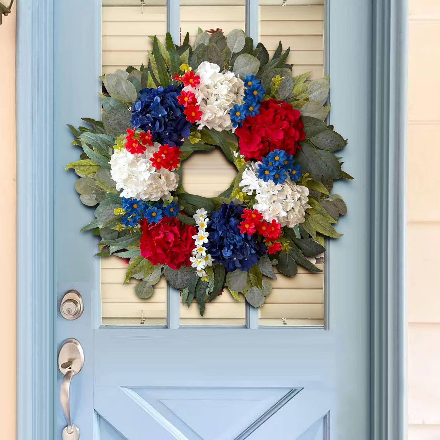 WANNA-CUL Patriotic 24-Inch Hydrangea Wreath - Red, White & Blue 4th of July Decor for Indoors & Outdoors