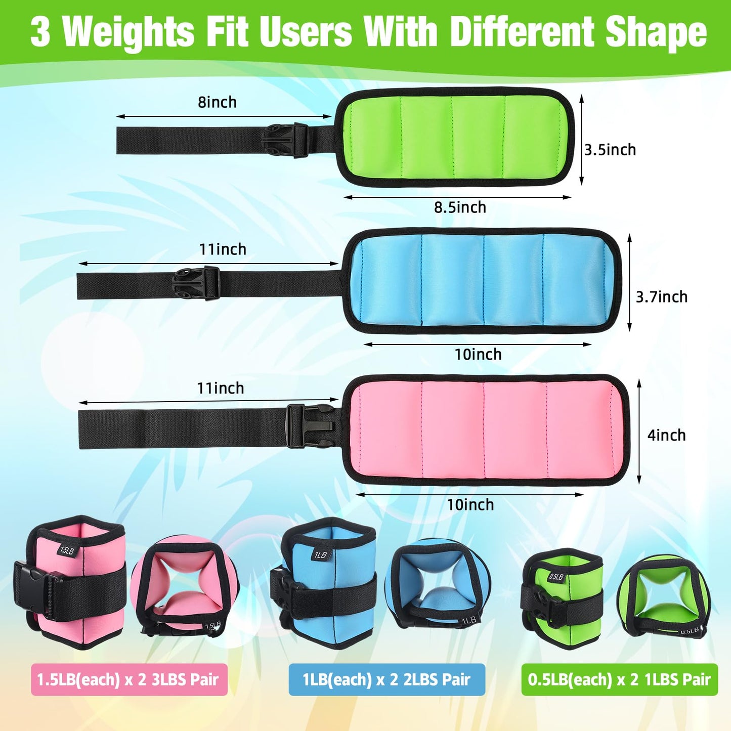Arrowbash 3 Pairs Ankle Weights for Men Women 0.5lb/1lb/1.5lb Adjustable Swimming Ankle Wrist Weights Bands Set for Pool Aqua Cuffs Aerobics Fitness Jogging Walking Running Yoga(Pink Blue Green)