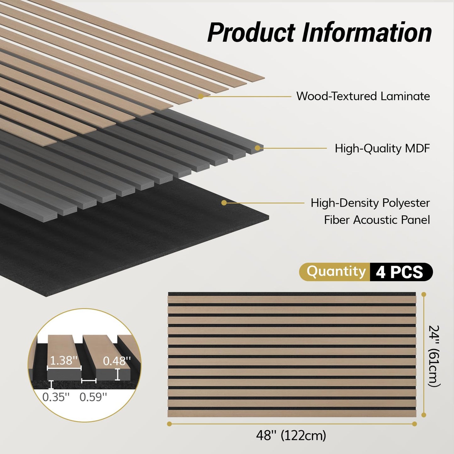 TONOR 4PCS Wood Slat Panels, 48” x 24”Adhesive Acoustic Panels for Wall, Decorative 3D Fluted Panels for Sound Absorbing, Soundproof Panels with Wood Finish for Living Room, Dark Walnut