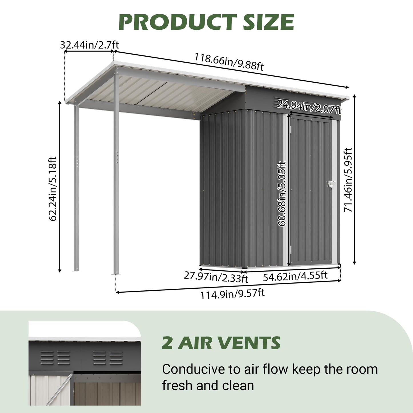 KEIKI Storage Shed 5x3 FT, Small Metal Tool Shed with Gazebo for Outdoor Storage, Galvanized Steel Garden Shed with Lockable Doors for Patio, Backyard, Lawn, Grey