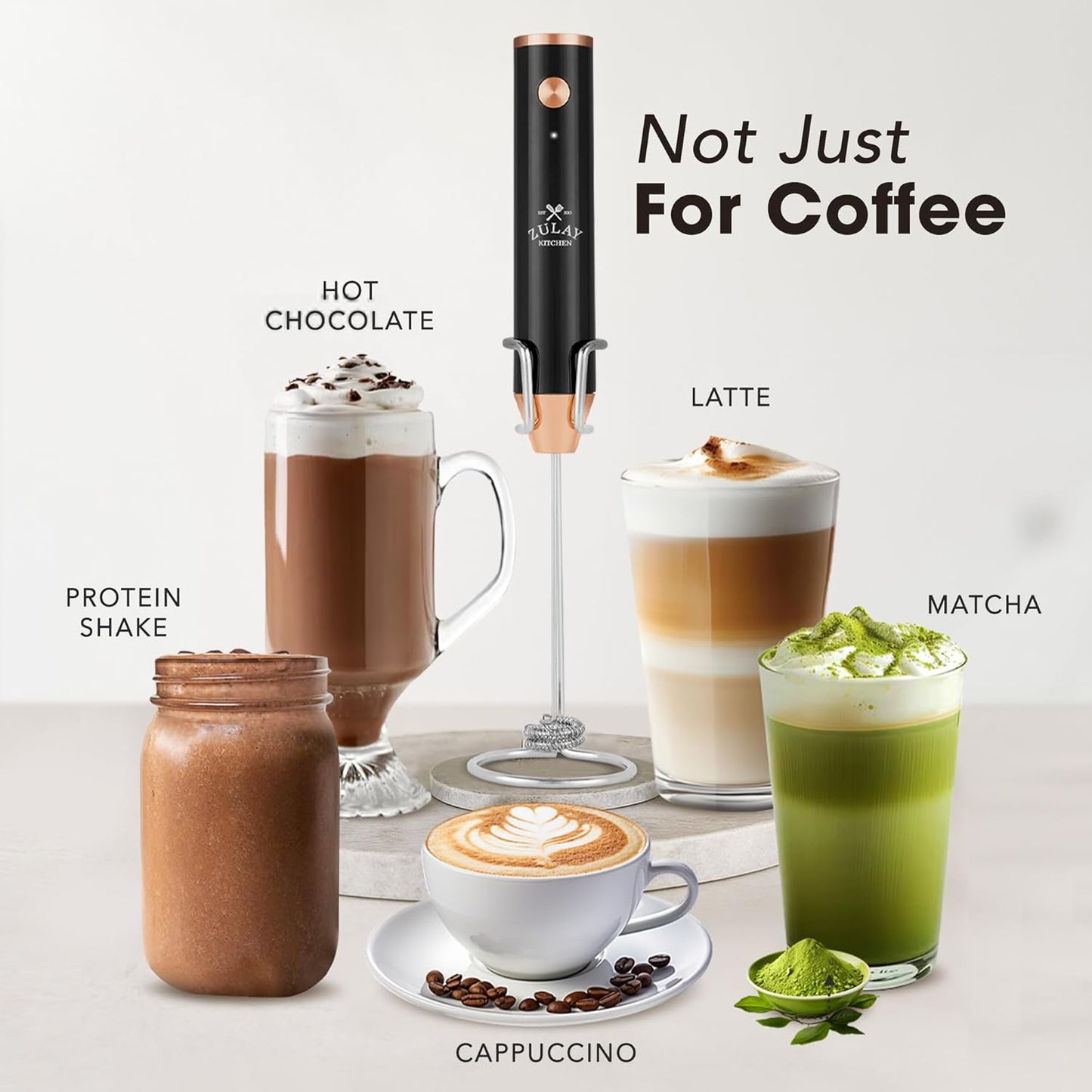 Zulay Kitchen Rechargeable Milk Frother - Powerful 2-Speed Motor, 4 Whisks, Waterproof - Dark Copper Drink Mixer for Lattes & Cappuccinos