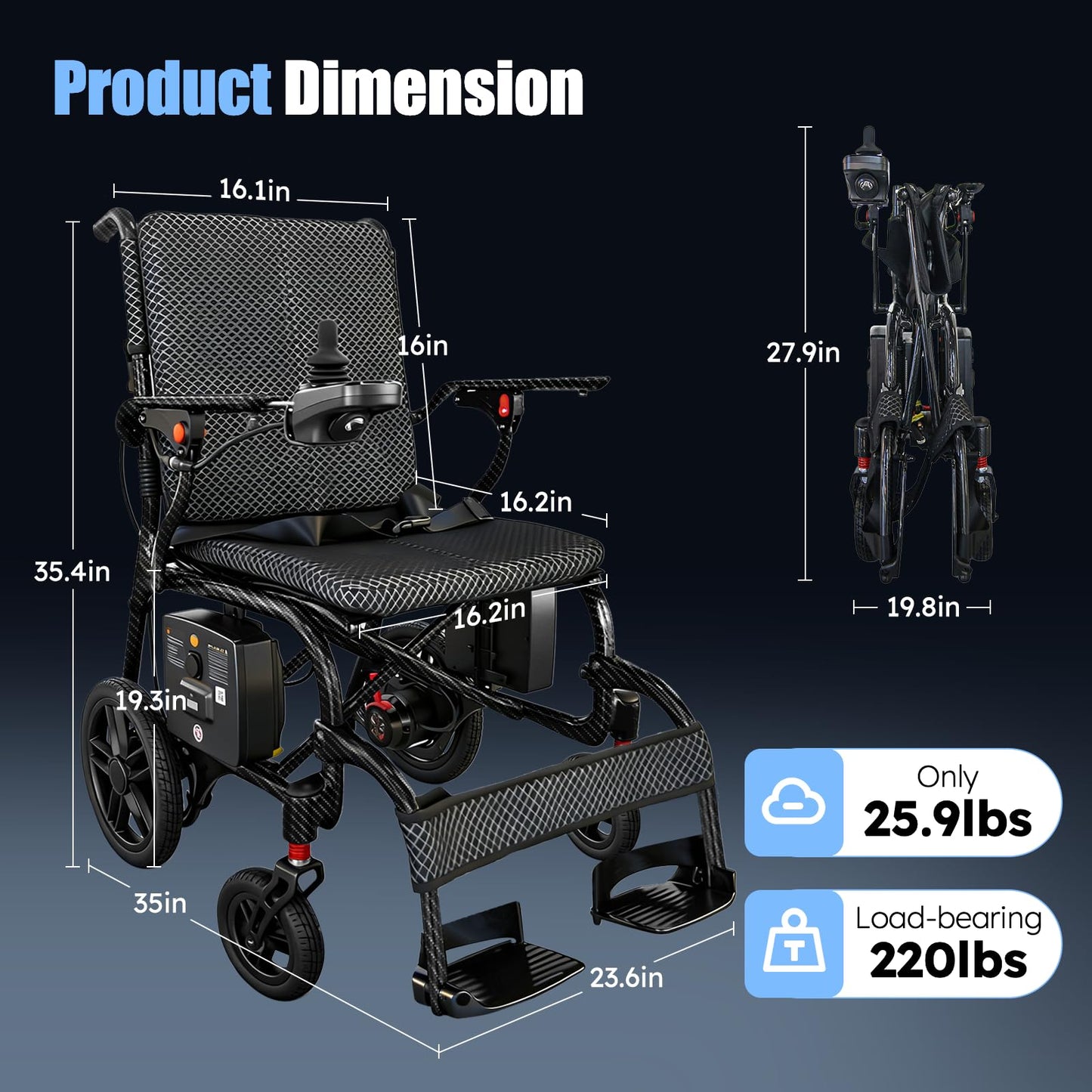 SOFTFISH 26 LBS Carbon Fiber Electric Wheelchair for Adults-25 Miles Long Range, Power Motorized Wheelchair, Lightweight Electric Wheelchair Foldable with 2 Lithium Batteries for All Terrain