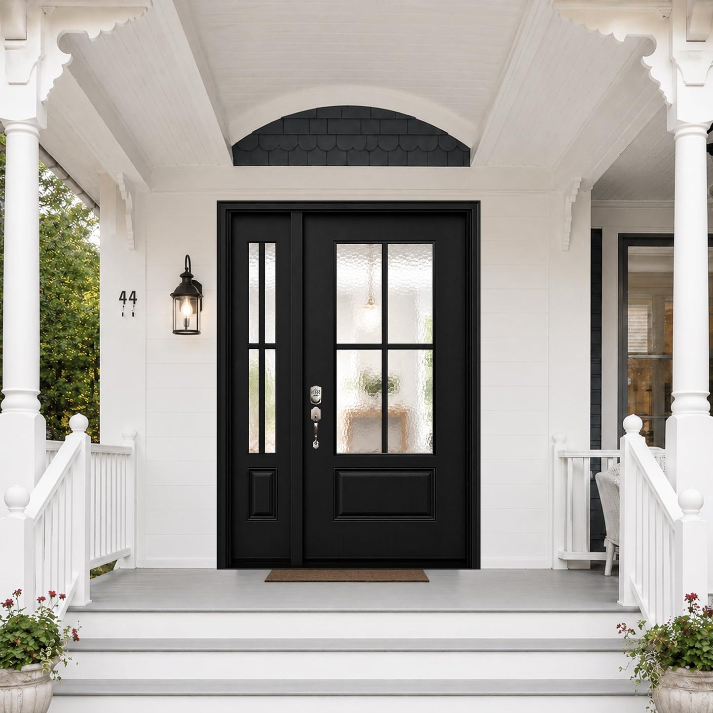 53x80in Fiberglass Front Door with 14in Sidelight, Black Exterior Entry Door for House, Right-Hand Inswing, Textured Finished with Hammered Glass Knock-Down Door, Vinyl Frame and Brickmould Included