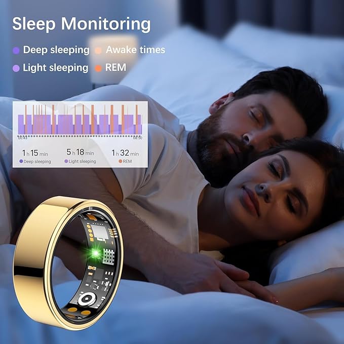 Smart Health Ring for Women Men, Fitness Tracker Ring with Heart Rate, Blood Oxygen, Sleep Tracker, Step Tracker, No Subscription Fee, IP68 Waterproof Smart Ring for iPhone & Android (Gold, 8#)