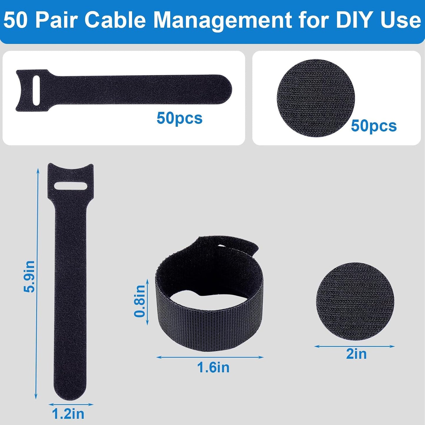 50 XANGNIER Pair Cable Management Under Desk,Adjustable Hook and Loop Cable Ties,Self Adhesive Cord Organizer,Reusable