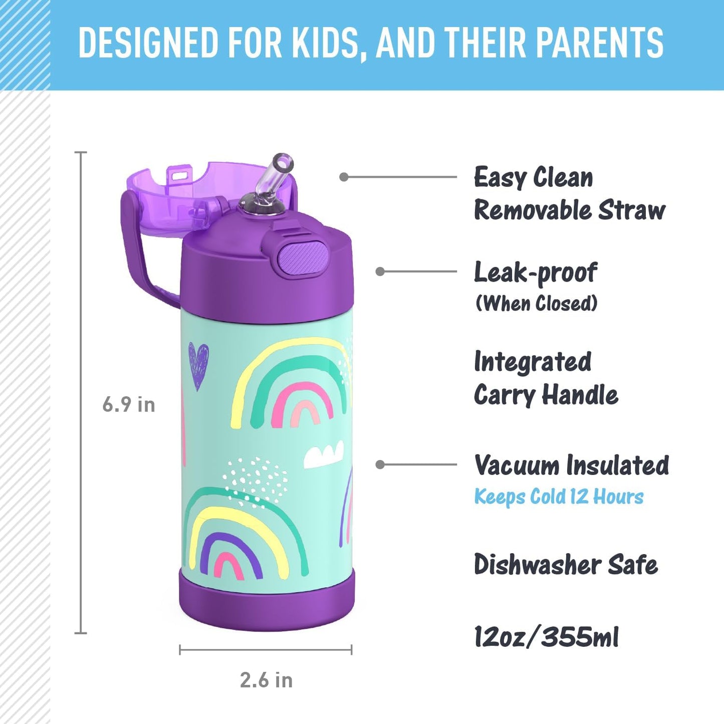 THERMOS FUNTAINER Water Bottle - 12 Ounce Kids Stainless Steel Vacuum Insulated with Straw | Colorful Rainbows