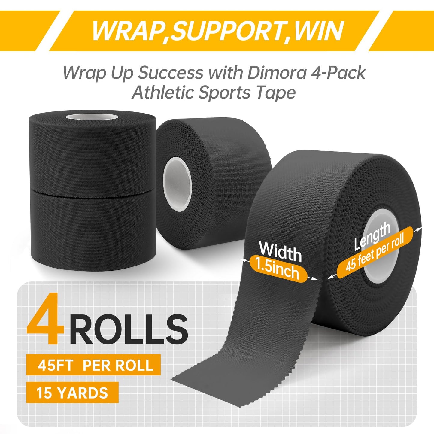 Dimora Athletic Tape, Easy Tear Sports Tape with Serrated Edges, Strong Adhesion, No Residue, Ideal for Gymnastics, Boxing, Lacrosse, Hockey and First Aid (Black, 1.5 in x 45 ft, Pack of 4)