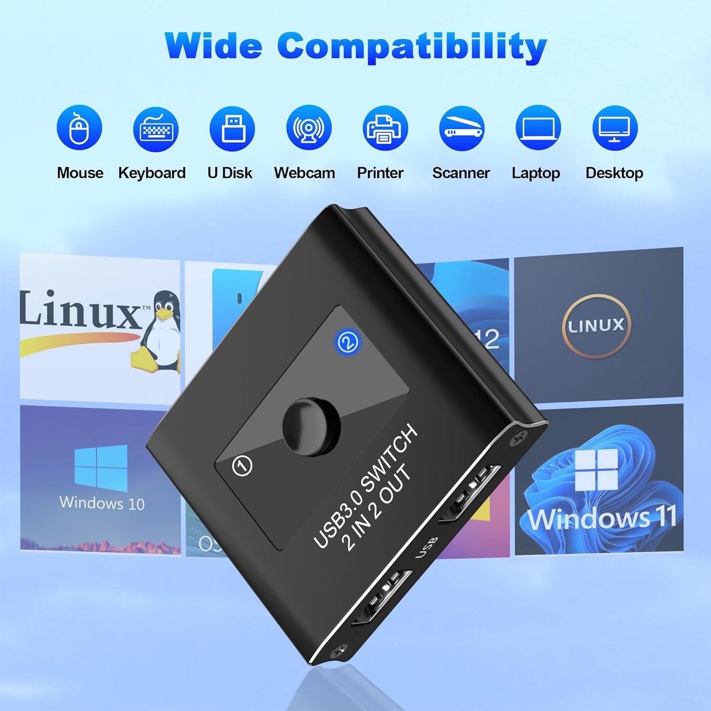 3.0 2 2 2 2 USB Switch, USB Switcher in Out, Switcher Computers Sharing Devices for Printer, Keyboard, Scanner, Mouse