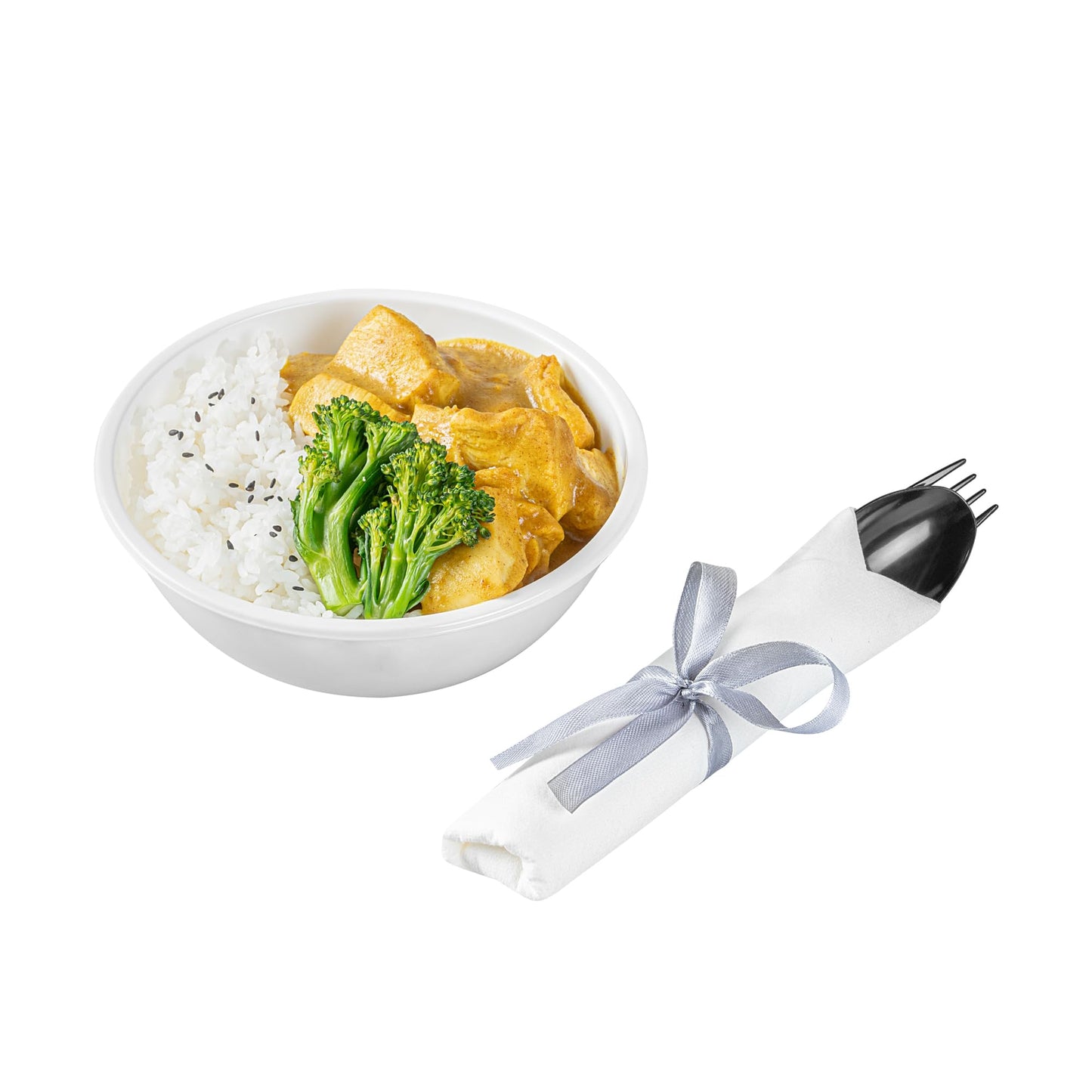 Restaurantware-7.3 Inch x 2 Inch Plastic Cutlery Sets, 100 Plastic Flatware Sets - Silver Ribbon, With White Napkin, Indivudally Wrapped, Black Plastic Disposable Cutlery Sets, For Weddings And Events