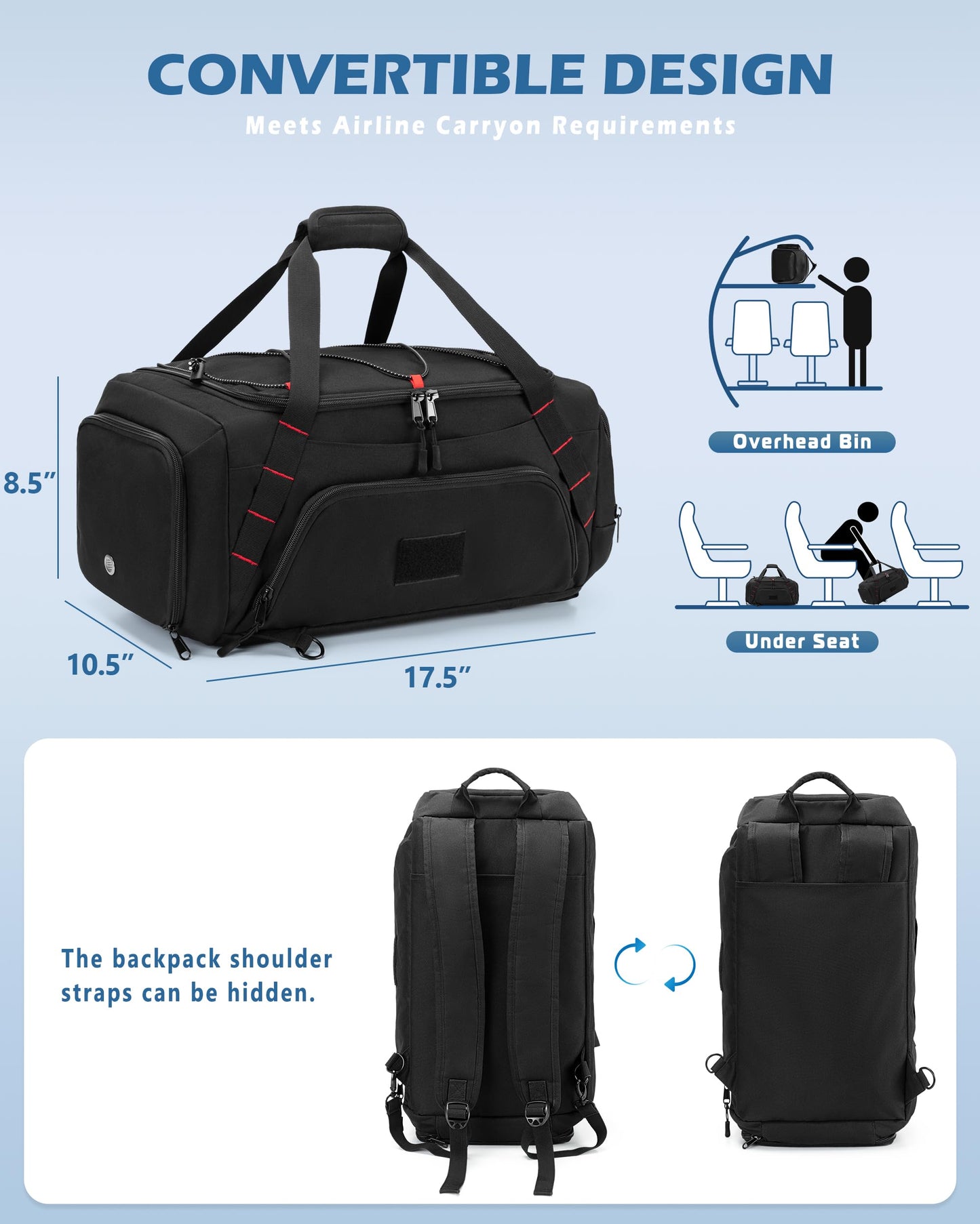 Smasrob 26L Gym Duffle Bag with Backpack Straps, Shoe Compartment and Wet Pocket, Small Duffle Bag for Travel and Sports, Black