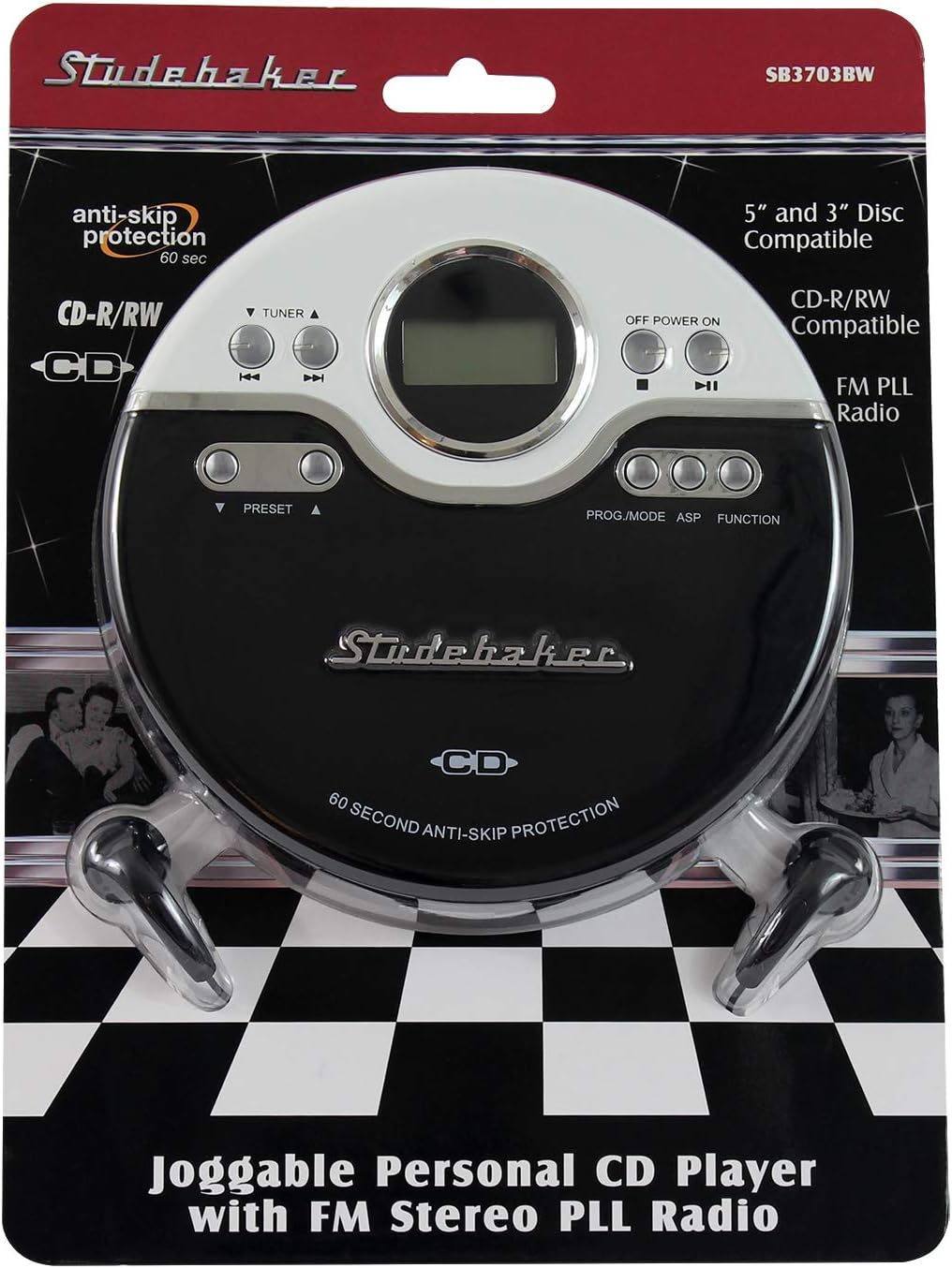 Studebaker SB3703BWB CD/MP3 Joggable Personal Player with Audio Book Compatibility, Bookmark Feature and FM PLL Radio