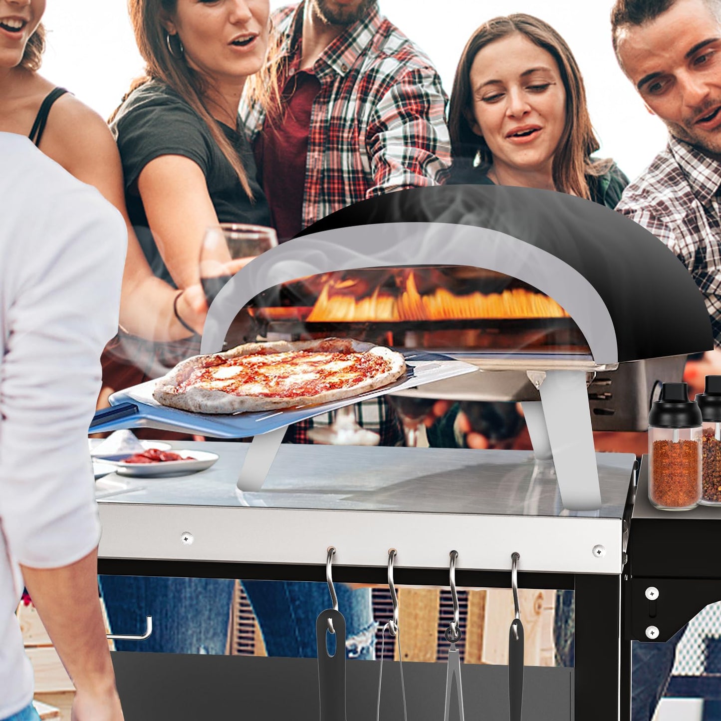Pizza Oven Table for Ooni, Ninja, Woodfire, Blackstone, Bighorn, Cuisinart, Outdoor Grill Table for Ooni Pizza Oven Accessories, Movable Pizza Oven Stand as Food Prep Cart, Barbecue Tool Set