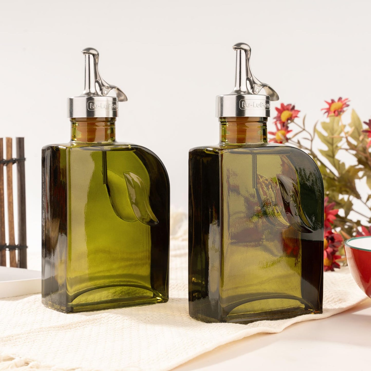 Lu-lupour Olive Green 12oz Glass Olive Oil Bottle Dispenser - 350ml Oil and Vinegar with Pourers and Funnel - Oil Dispenser Bottle for Kitchen