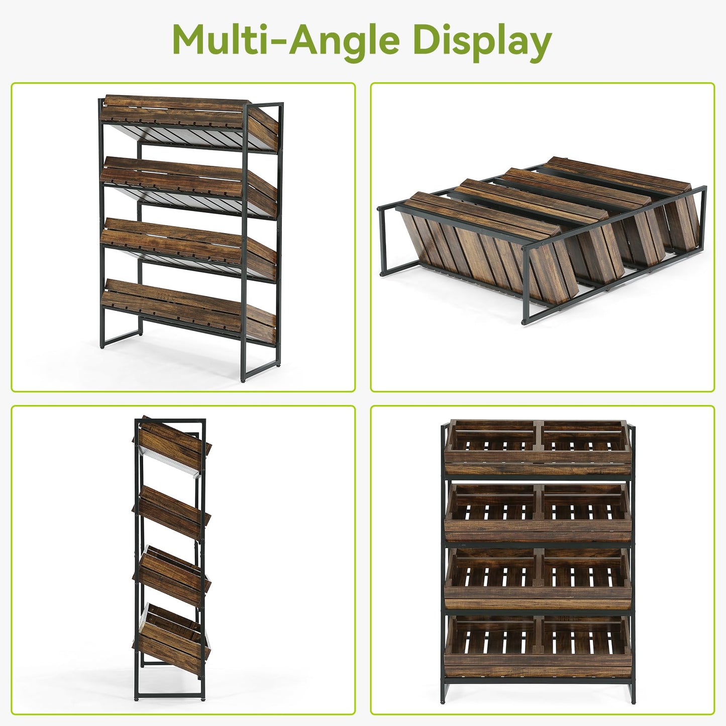 LITTLE TREE 4-Tier Extra Long Stand Basket Rack for Fruit and Vegetable Storage, MDF Retail Display Rack with Metal Frame, Snack Shelf, for Kitchen, Living Room, Supermarket (Brown + Black)